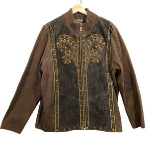 Brown Leather Bob Mackie Wearable Art Vintage Jacket Women's Size XL